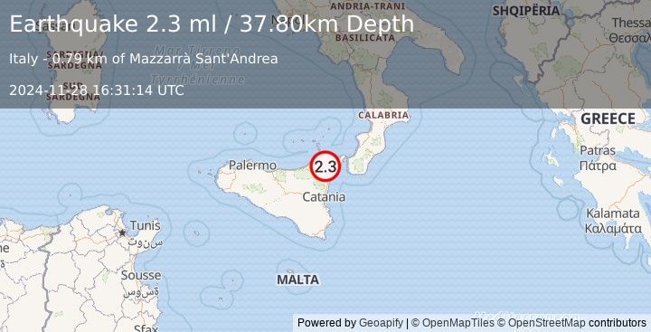 Earthquake SICILY, ITALY (2.3 ml) (2024-11-28 16:31:14 UTC)