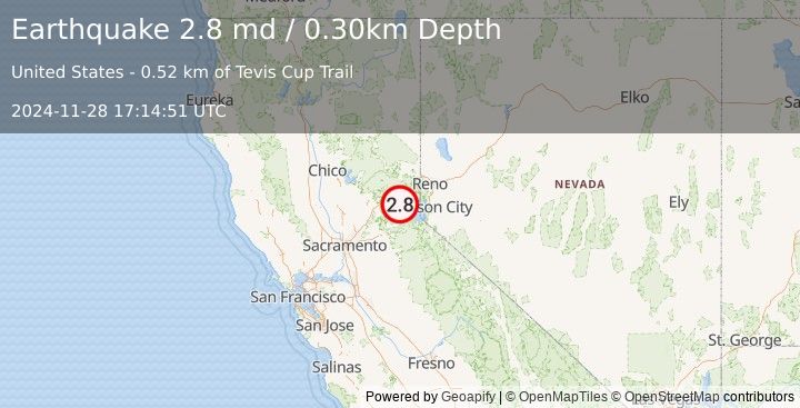 Earthquake NORTHERN CALIFORNIA (2.8 md) (2024-11-28 17:14:51 UTC)