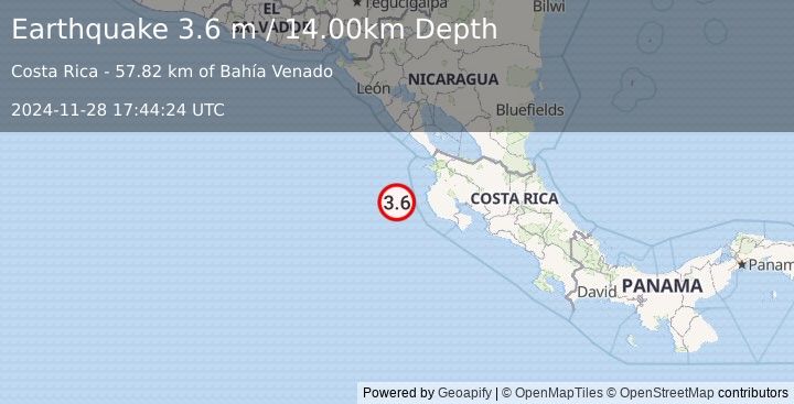 Earthquake OFF COAST OF COSTA RICA (3.6 m) (2024-11-28 17:44:24 UTC)