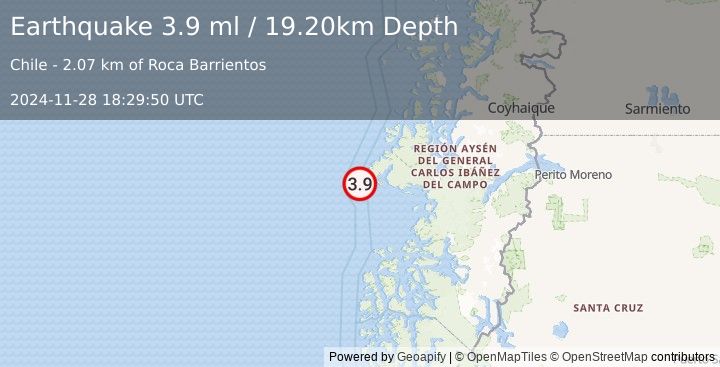 Earthquake NEAR COAST OF AISEN, CHILE (3.9 ml) (2024-11-28 18:29:50 UTC)