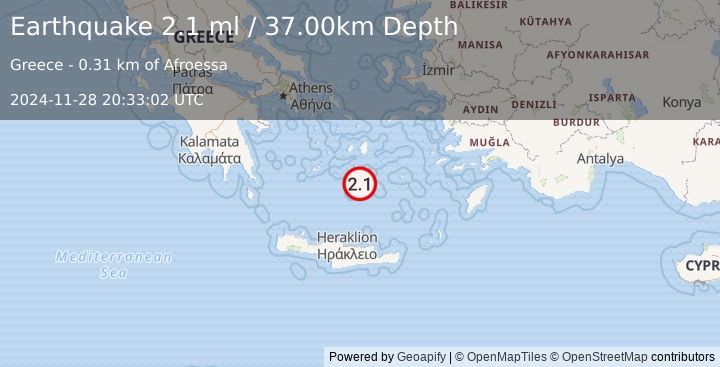 Earthquake DODECANESE ISLANDS, GREECE (2.1 ml) (2024-11-28 20:33:02 UTC)