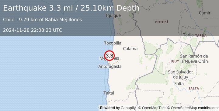 Earthquake OFFSHORE ANTOFAGASTA, CHILE (3.3 ml) (2024-11-28 22:08:23 UTC)