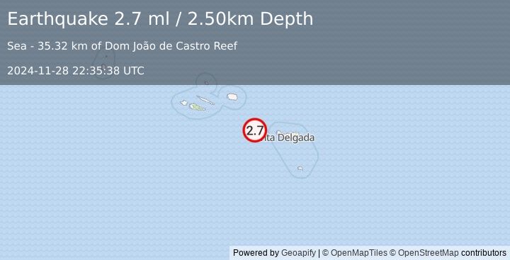 Earthquake AZORES ISLANDS, PORTUGAL (2.7 ml) (2024-11-28 22:35:38 UTC)