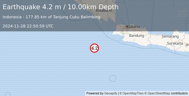 Earthquake SOUTHWEST OF SUMATRA, INDONESIA (4.2 m) (2024-11-28 22:50:59 UTC)