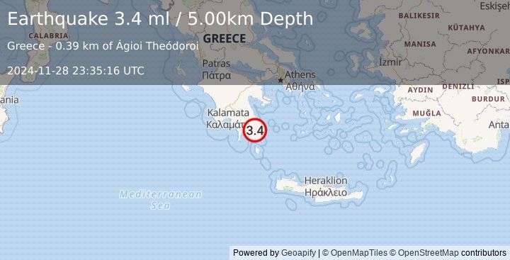 Earthquake SOUTHERN GREECE (3.4 ml) (2024-11-28 23:35:16 UTC)