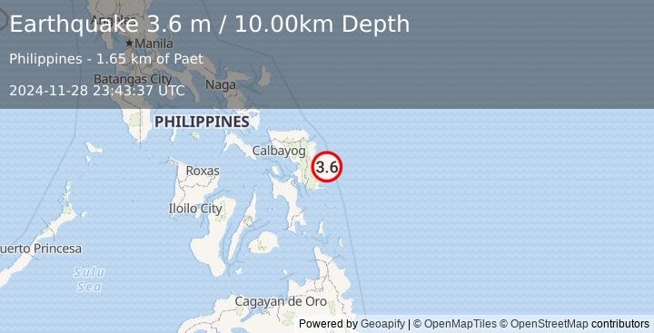 Earthquake SAMAR, PHILIPPINES (3.6 m) (2024-11-28 23:43:37 UTC)