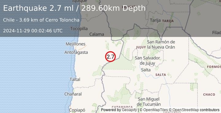 Earthquake ANTOFAGASTA, CHILE (2.7 ml) (2024-11-29 00:02:46 UTC)