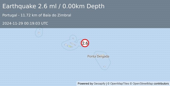 Earthquake AZORES ISLANDS, PORTUGAL (2.6 ml) (2024-11-29 00:19:03 UTC)