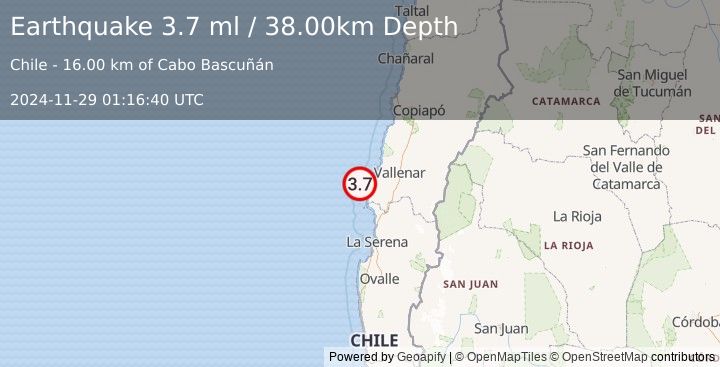 Earthquake OFFSHORE ATACAMA, CHILE (3.7 ml) (2024-11-29 01:16:40 UTC)