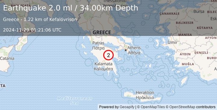 Earthquake SOUTHERN GREECE (2.0 ml) (2024-11-29 01:21:06 UTC)