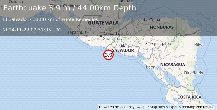 Earthquake OFFSHORE EL SALVADOR (3.9 m) (2024-11-29 02:51:05 UTC)