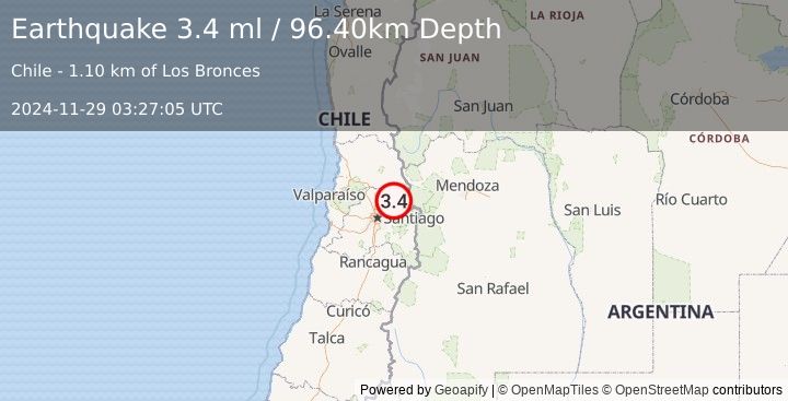 Earthquake REGION METROPOLITANA, CHILE (3.4 ml) (2024-11-29 03:27:05 UTC)