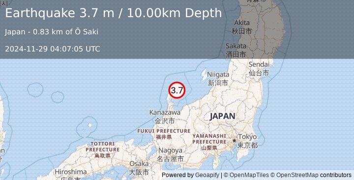 Earthquake NEAR WEST COAST OF HONSHU, JAPAN (3.7 m) (2024-11-29 04:07:05 UTC)