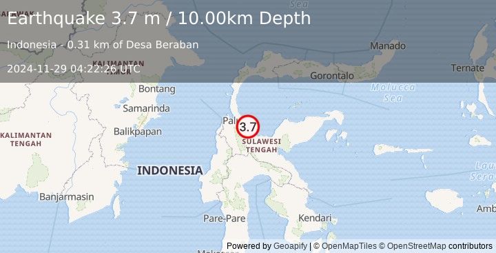 Earthquake SULAWESI, INDONESIA (3.7 m) (2024-11-29 04:22:26 UTC)