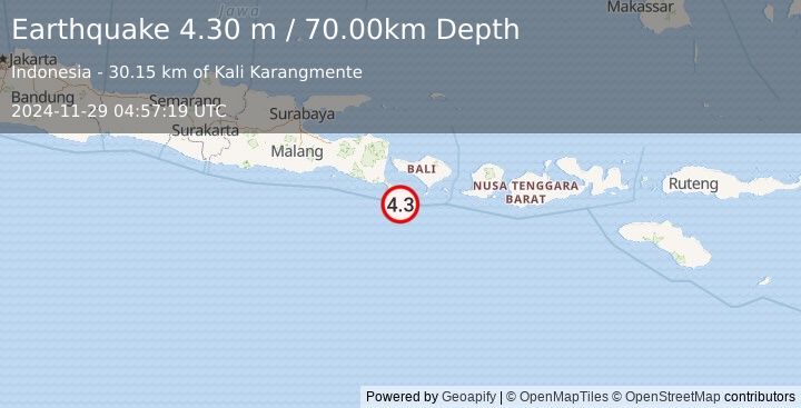 Earthquake SOUTH OF BALI, INDONESIA (4.3 m) (2024-11-29 04:57:19 UTC)