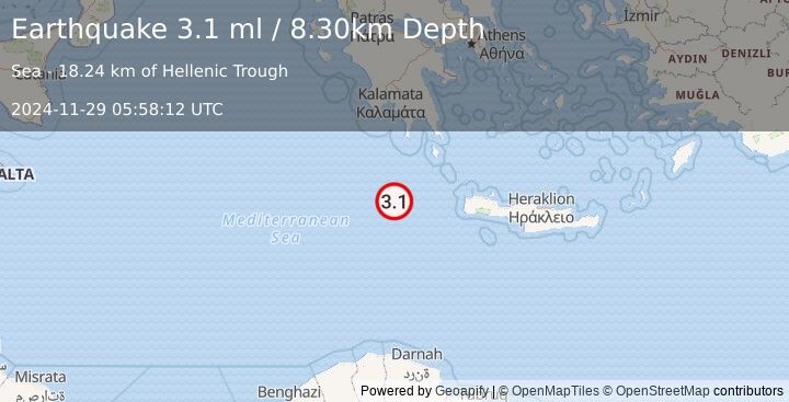 Earthquake CENTRAL MEDITERRANEAN SEA (3.1 ml) (2024-11-29 05:58:12 UTC)