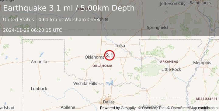 Earthquake OKLAHOMA (3.1 ml) (2024-11-29 06:20:15 UTC)