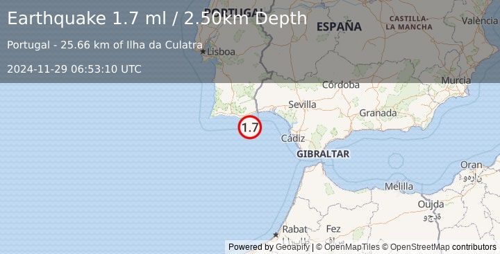 Earthquake STRAIT OF GIBRALTAR (1.7 ml) (2024-11-29 06:53:10 UTC)