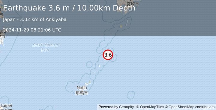 Earthquake RYUKYU ISLANDS, JAPAN (3.6 m) (2024-11-29 08:21:06 UTC)