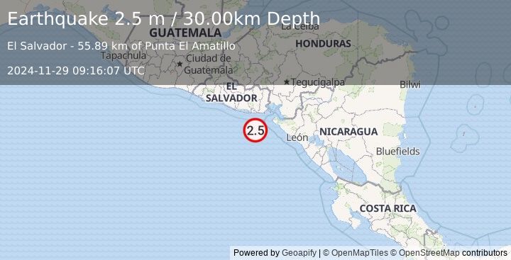 Earthquake OFFSHORE EL SALVADOR (2.5 m) (2024-11-29 09:16:07 UTC)