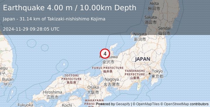 Earthquake NEAR WEST COAST OF HONSHU, JAPAN (4.0 m) (2024-11-29 09:28:05 UTC)