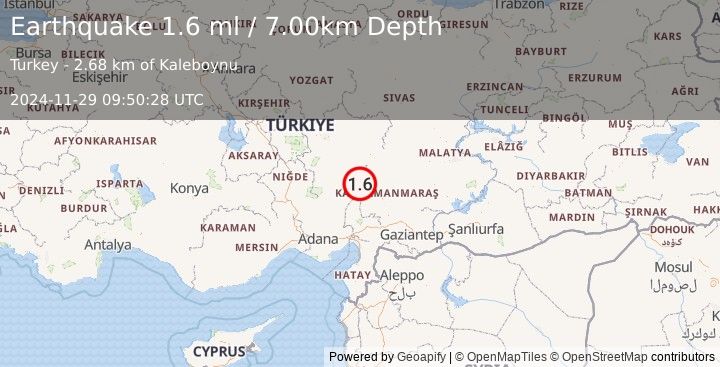 Earthquake CENTRAL TURKEY (1.6 ml) (2024-11-29 09:50:28 UTC)