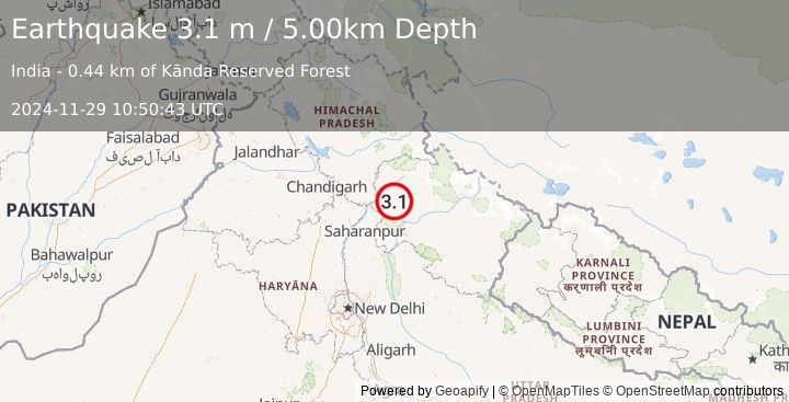 Earthquake UTTARANCHAL, INDIA (3.1 m) (2024-11-29 10:50:43 UTC)