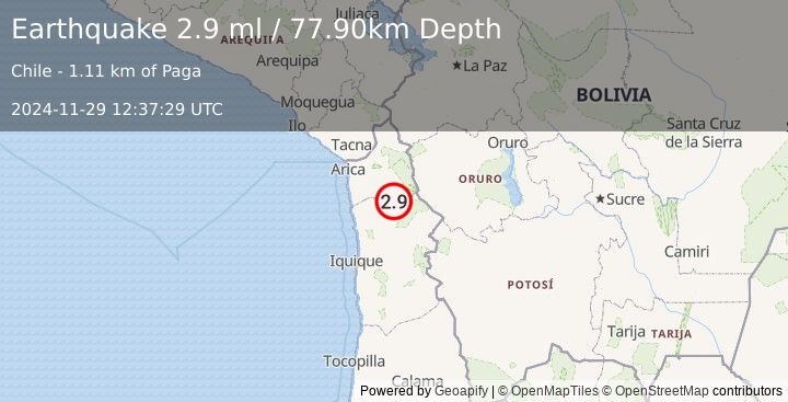 Earthquake TARAPACA, CHILE (2.9 ml) (2024-11-29 12:37:29 UTC)