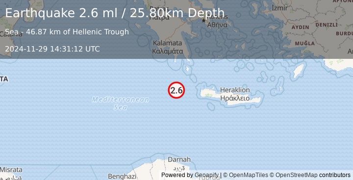 Earthquake CENTRAL MEDITERRANEAN SEA (2.6 ml) (2024-11-29 14:31:12 UTC)