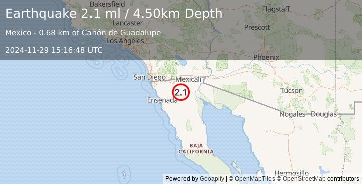 Earthquake BAJA CALIFORNIA, MEXICO (2.1 ml) (2024-11-29 15:16:48 UTC)