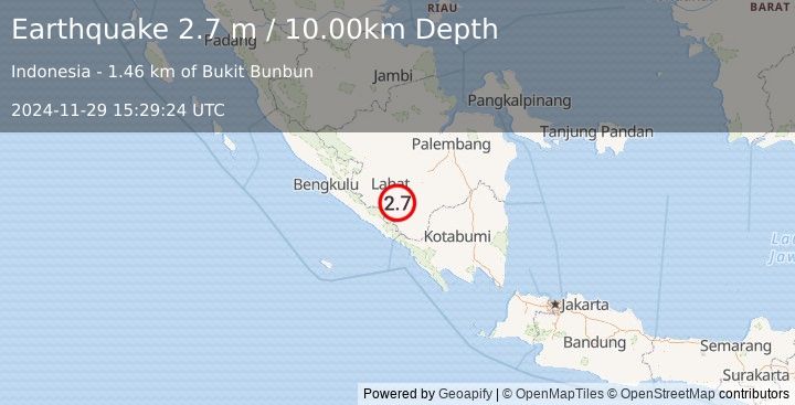 Earthquake SOUTHERN SUMATRA, INDONESIA (2.7 m) (2024-11-29 15:29:24 UTC)