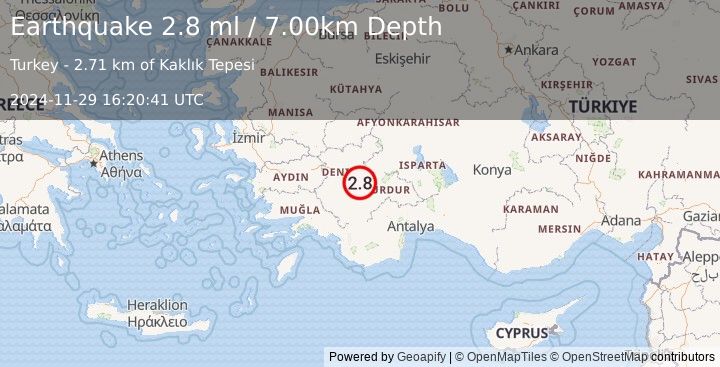 Earthquake WESTERN TURKEY (2.8 ml) (2024-11-29 16:20:41 UTC)