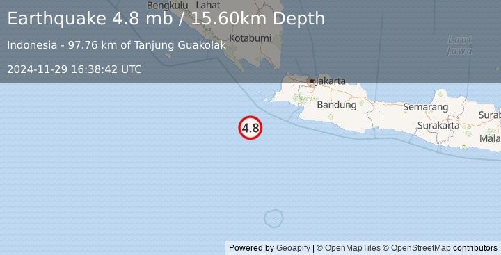 Earthquake SOUTHWEST OF SUMATRA, INDONESIA (4.8 mb) (2024-11-29 16:38:42 UTC)