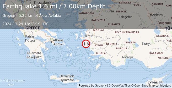 Earthquake DODECANESE ISLANDS, GREECE (1.6 ml) (2024-11-29 18:28:19 UTC)