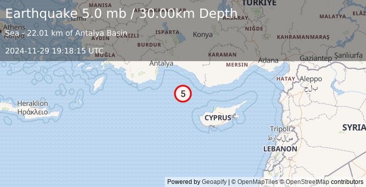 Earthquake CYPRUS REGION (5.0 mb) (2024-11-29 19:18:15 UTC)