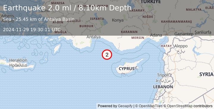 Earthquake CYPRUS REGION (2.0 ml) (2024-11-29 19:30:11 UTC)