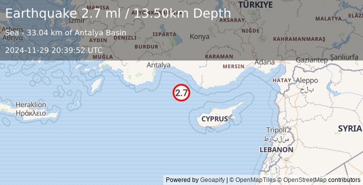 Earthquake CYPRUS REGION (2.7 ml) (2024-11-29 20:39:52 UTC)