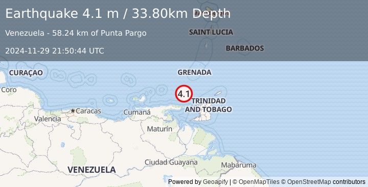 Earthquake OFFSHORE SUCRE, VENEZUELA (4.1 m) (2024-11-29 21:50:44 UTC)