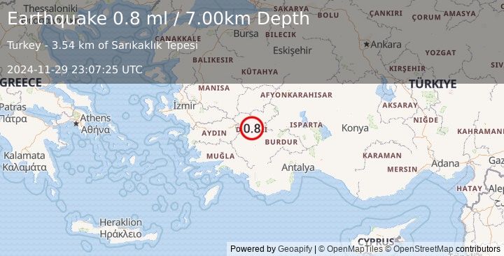 Earthquake WESTERN TURKEY (0.8 ml) (2024-11-29 23:07:25 UTC)