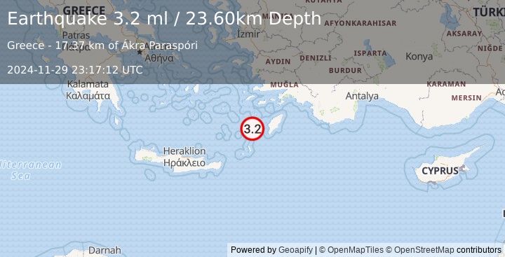 Earthquake DODECANESE IS.-TURKEY BORDER REG (3.2 ml) (2024-11-29 23:17:12 UTC)