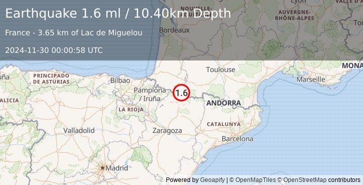 Earthquake PYRENEES (1.6 ml) (2024-11-30 00:00:58 UTC)