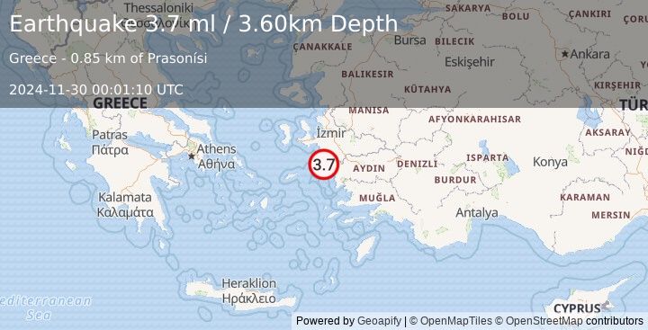 Earthquake DODECANESE ISLANDS, GREECE (3.7 ml) (2024-11-30 00:01:10 UTC)