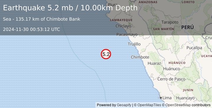 Earthquake OFF COAST OF NORTHERN PERU (5.2 mb) (2024-11-30 00:53:12 UTC)