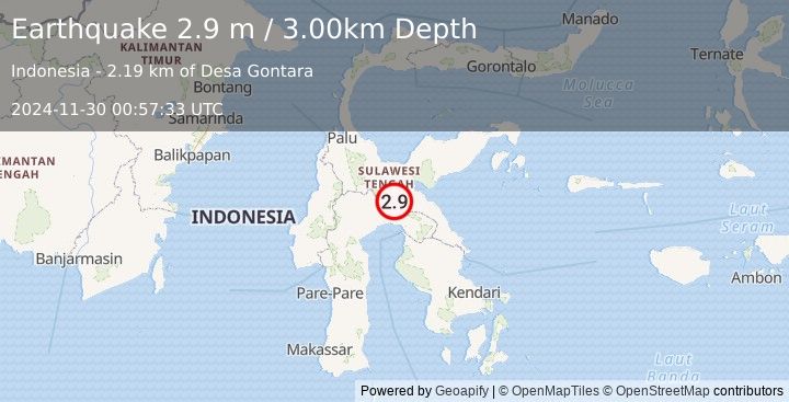 Earthquake SULAWESI, INDONESIA (2.9 m) (2024-11-30 00:57:33 UTC)