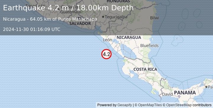 Earthquake NEAR COAST OF NICARAGUA (4.2 m) (2024-11-30 01:16:09 UTC)