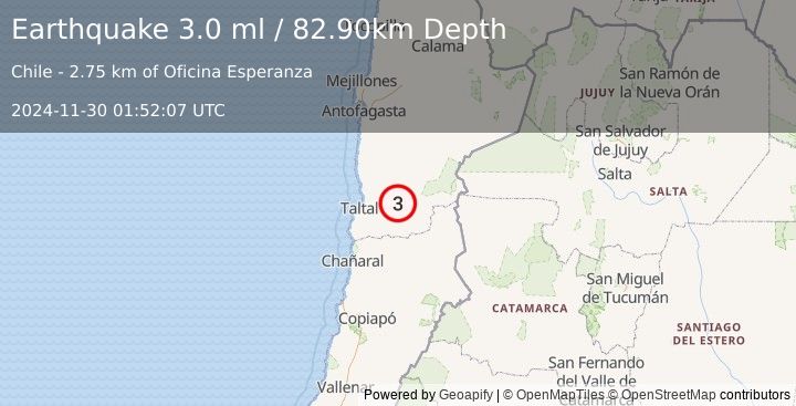 Earthquake ANTOFAGASTA, CHILE (3.0 ml) (2024-11-30 01:52:07 UTC)