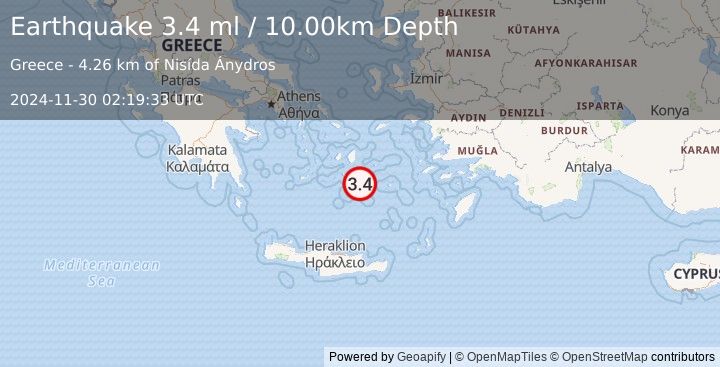 Earthquake DODECANESE ISLANDS, GREECE (3.4 ml) (2024-11-30 02:19:33 UTC)