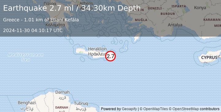 Earthquake CRETE, GREECE (2.7 ml) (2024-11-30 04:10:17 UTC)