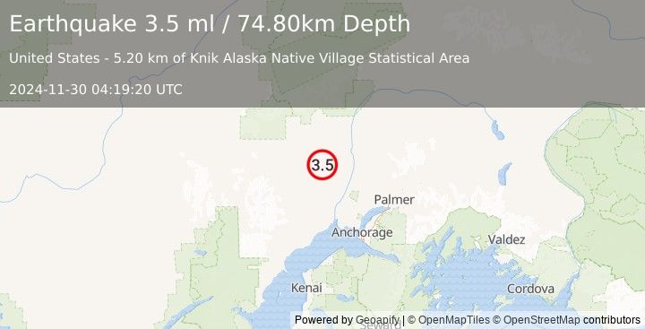 Earthquake CENTRAL ALASKA (3.5 ml) (2024-11-30 04:19:20 UTC)