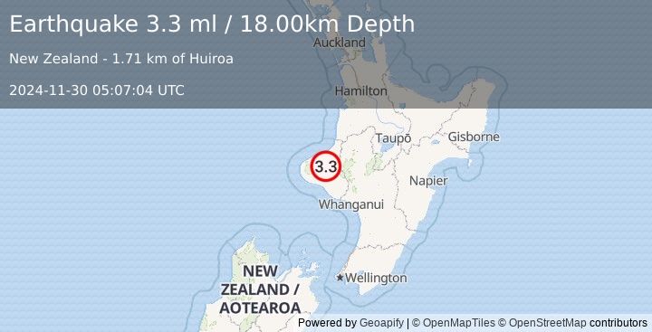 Earthquake NORTH ISLAND OF NEW ZEALAND (3.3 ml) (2024-11-30 05:07:04 UTC)